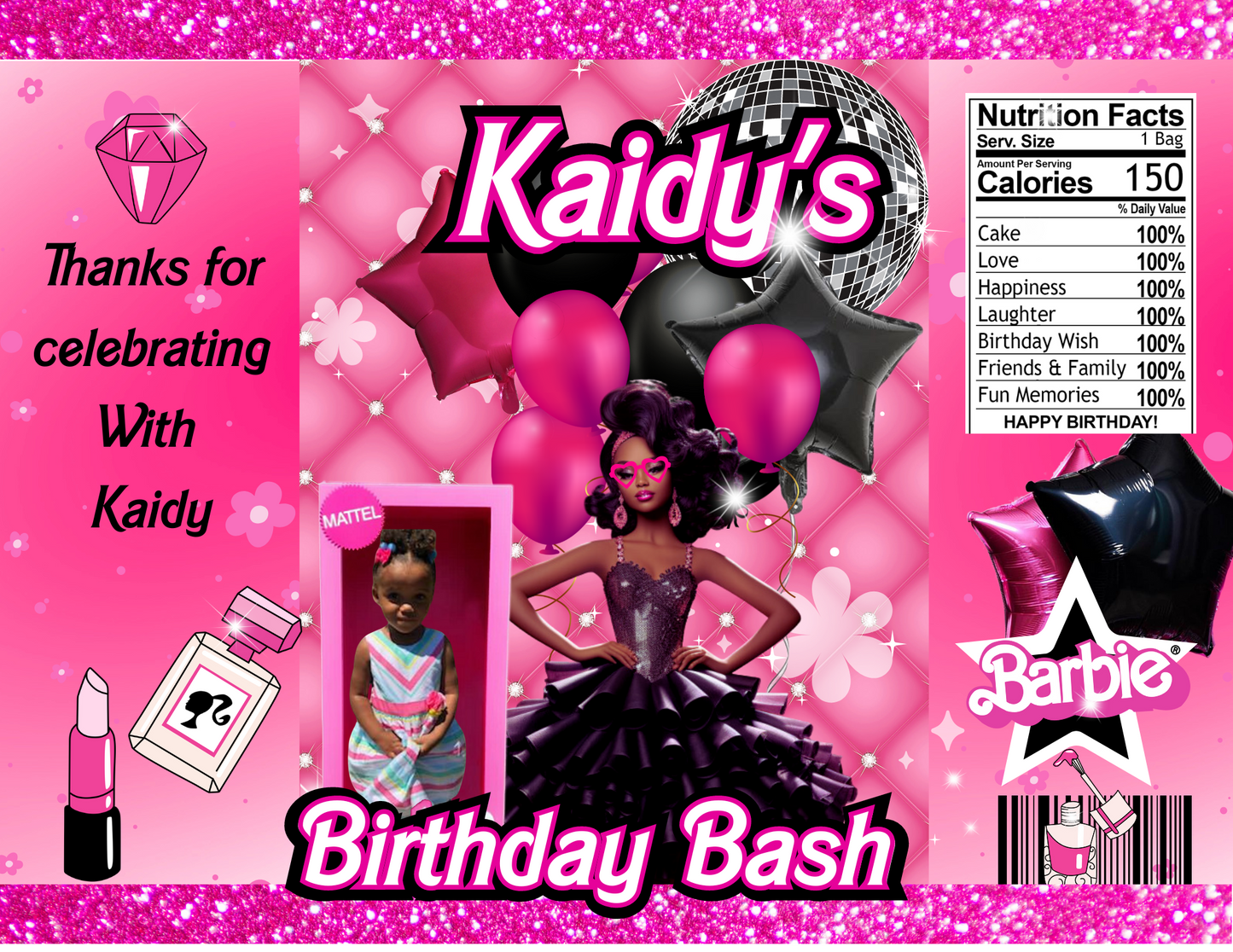 Black BarBie Party Favor Template (Digital Download Editable in Canva)