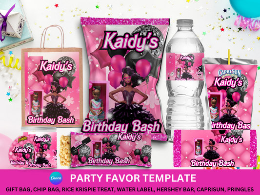 Black BarBie Party Favor Template (Digital Download Editable in Canva)