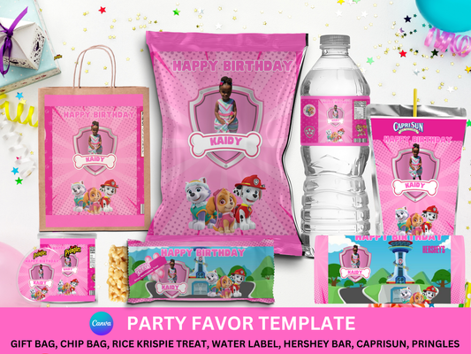 Pink Paw Patrol Favor Template (Digital Download Editable in Canva)