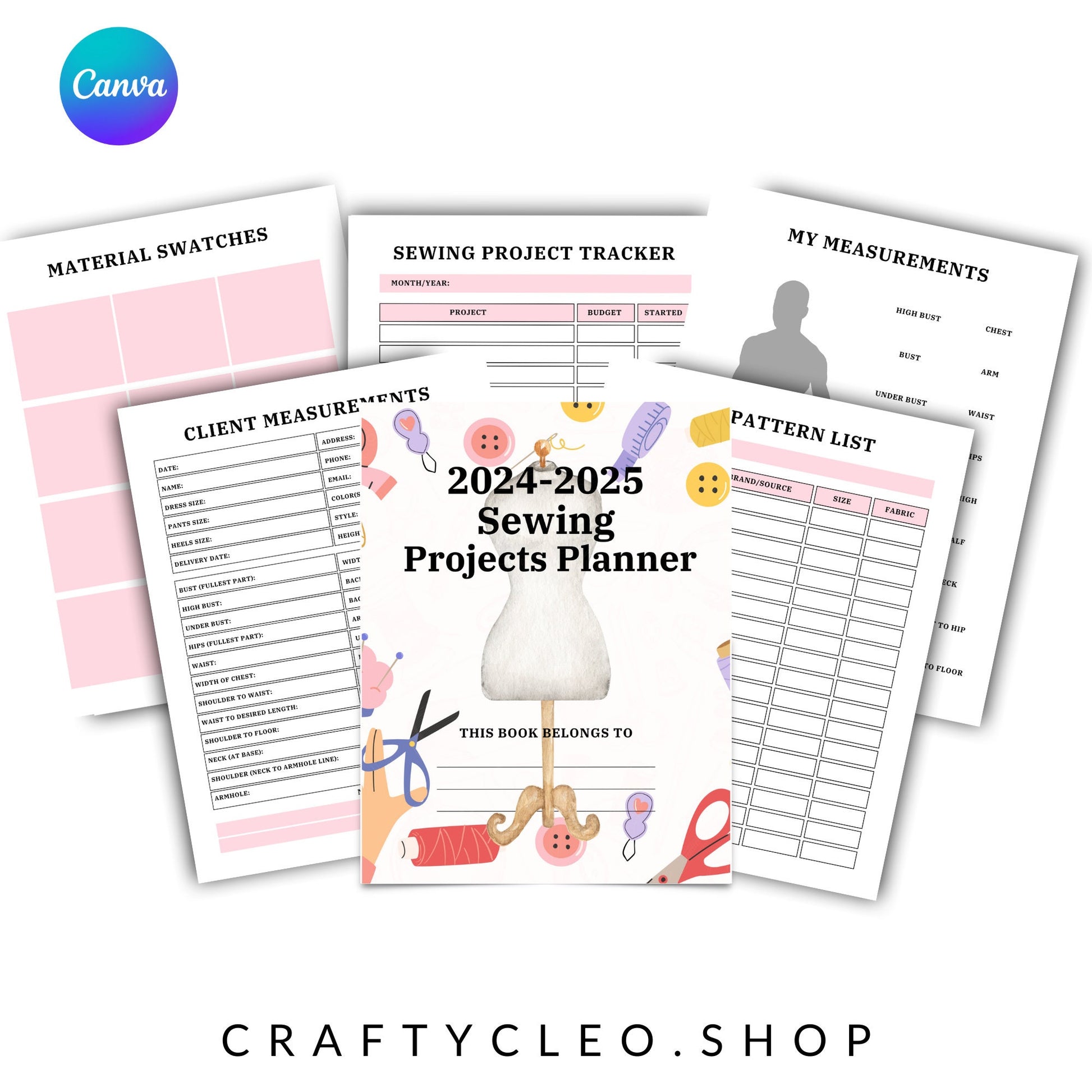 56 Page 2024-2025 Sewing Projects Planner (Digital Download Editable in Canva)