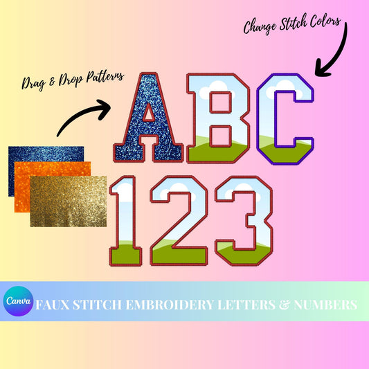 Faux Embroidery Letters, Canva Frame, Digital Stitch Alpha PNG, Faux Embroidery Canva Template , Drag and Drop Canva Frames, Varsity Letters