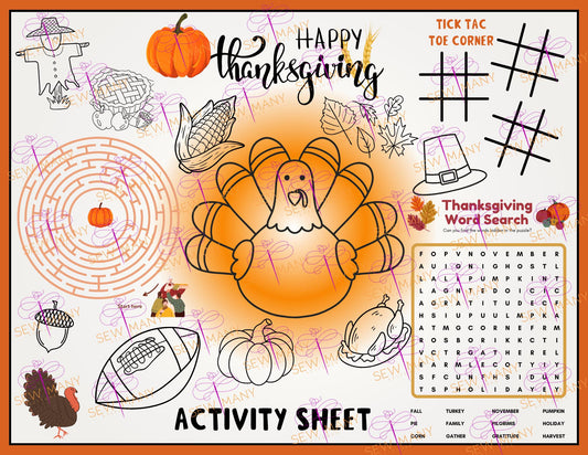 Colorful Children's Thanksgiving Placemat-Activity Sheet | Tic Tac Toe, Maze, Word Search & Coloring