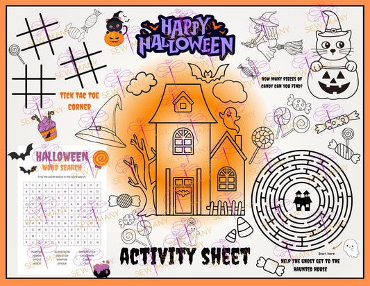 Colorful Children's Halloween Placemat-Activity Sheet | Tic Tac Toe, Maze, Word Search, Coloring & Candy Counting